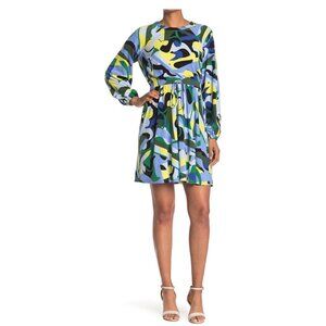 Donna Morgan Womens Blue Geo Print Raglan Long Sleeve Fit Flare Dress Sz 4 New